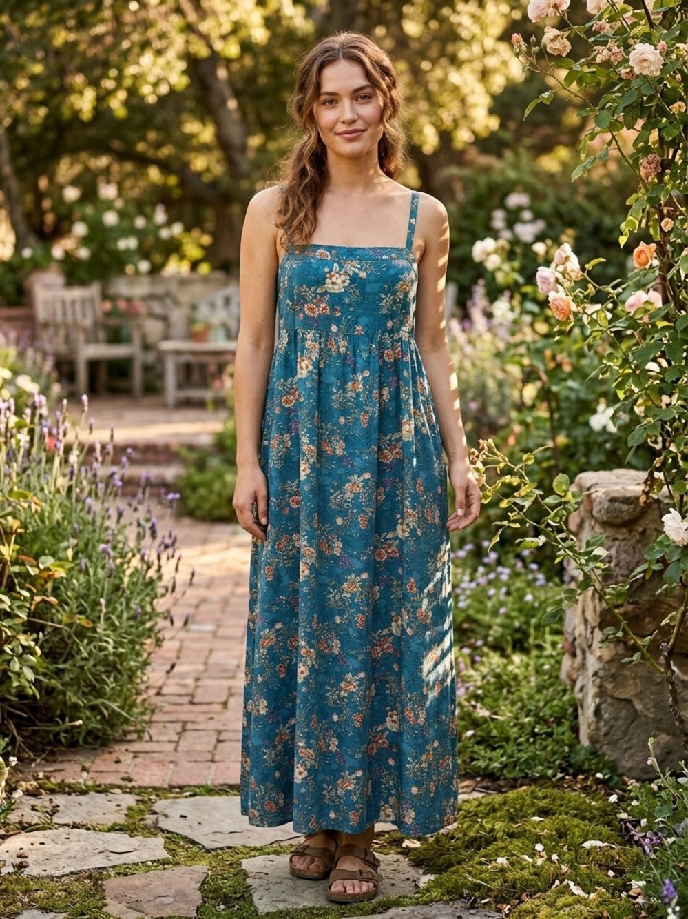 Natural Life Floral Maxi Dress Size L/ Xl 100%Rayon Cottagecore Boho Side Slits